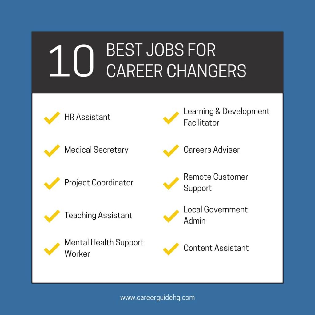  Graphic showing 10 best jobs for a career change at 40, including HR assistant, medical secretary, project coordinator, teaching assistant, mental health support worker, learning & development facilitator, careers adviser, remote customer support, local government admin, and content or social media assistant.