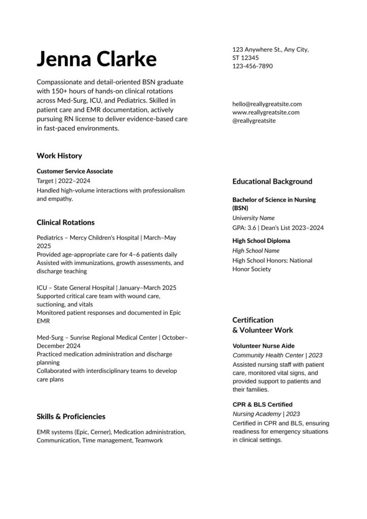 Example of a nursing graduate resume with no experience, showing clinical rotations, skills, and a professional layout.