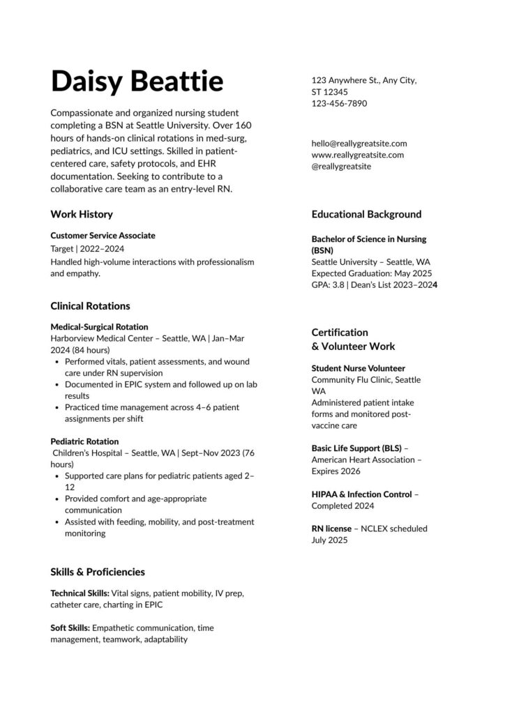 Nursing Student Resume example featuring clinical rotations, nursing skills, certifications, and education. Includes sample work history, technical and soft skills, and RN license status for student nurses